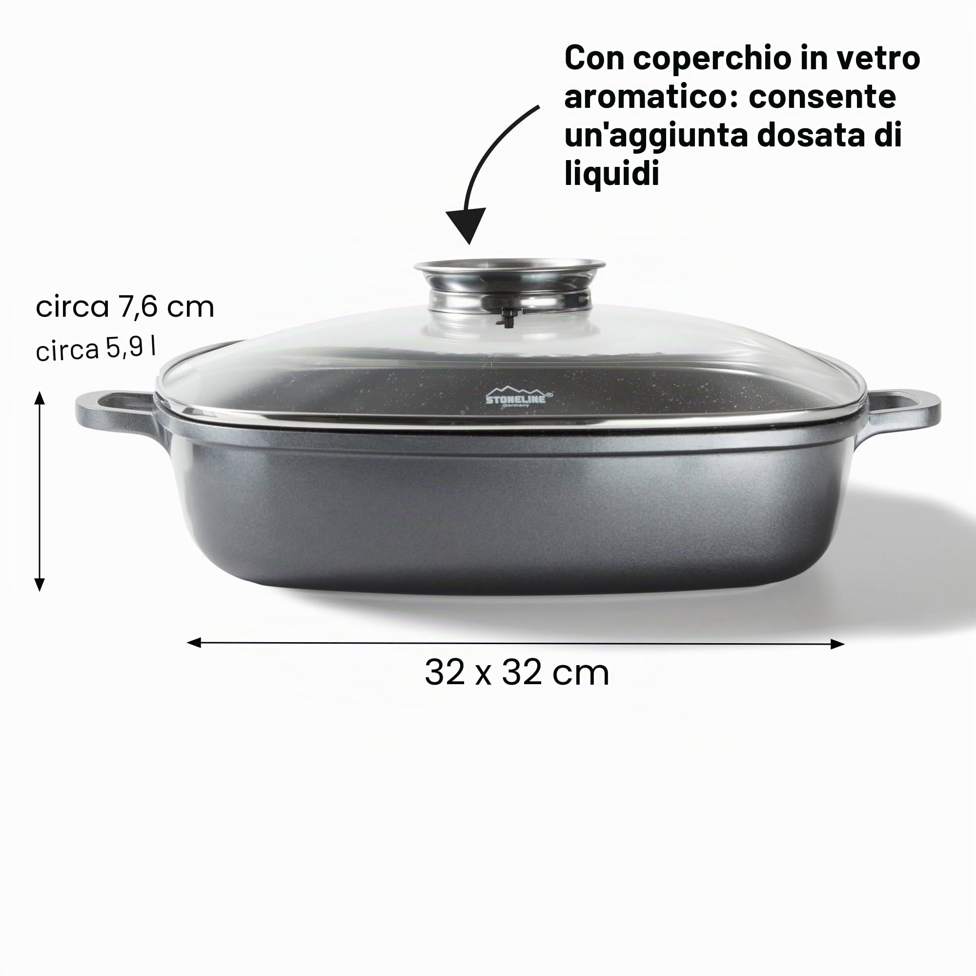 STONELINE Casseruola Quadrata 32 cm, Tegame 2 Manici Coperchio Salva-Aroma Alluminio Pressofuso, Rivestimento Antiaderente con Vere Particelle di Pietra, A Induzione Forno Tutti i Piani, Grigio