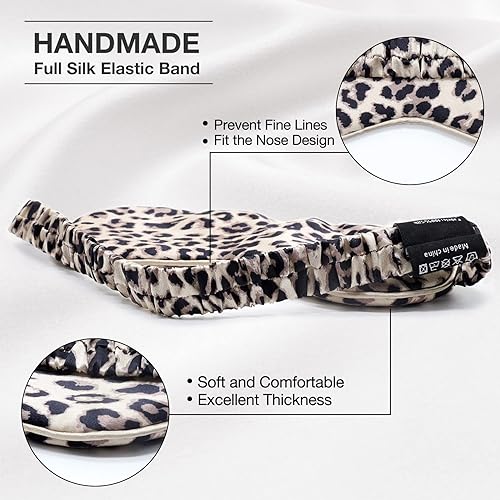 Miniatura 10 de FELYSIK 22 Momme - Máscara de dormir de seda de morera, 100% seda con estampado de leopardo rosa, para dormir de noche, relleno de seda real suave,