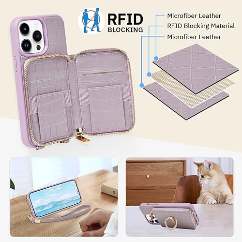 Miniatura 2 de CUSTYPE - Funda para iPhone 15 Pro con tarjetero para mujer, funda protectora de cuero con anillo (negro, iPhone 15 Pro, 6.1 pulgadas)