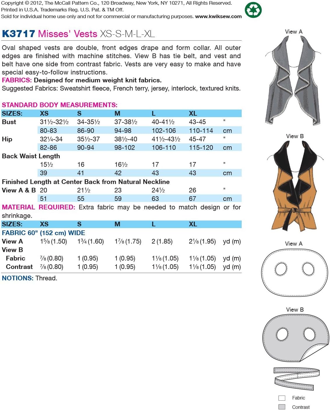 Kwik Sew K3717 Vests Sewing Pattern, Size XS-S-M-L-XL