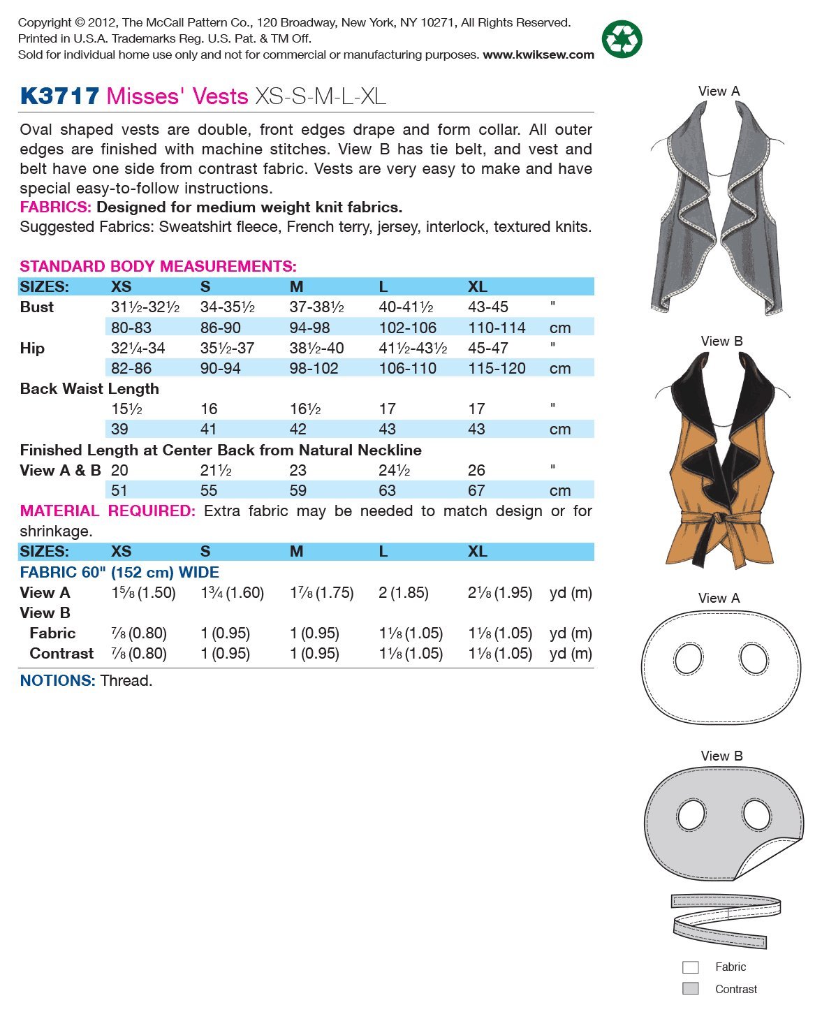 Kwik Sew K3717 Vests Sewing Pattern, Size XS-S-M-L-XL