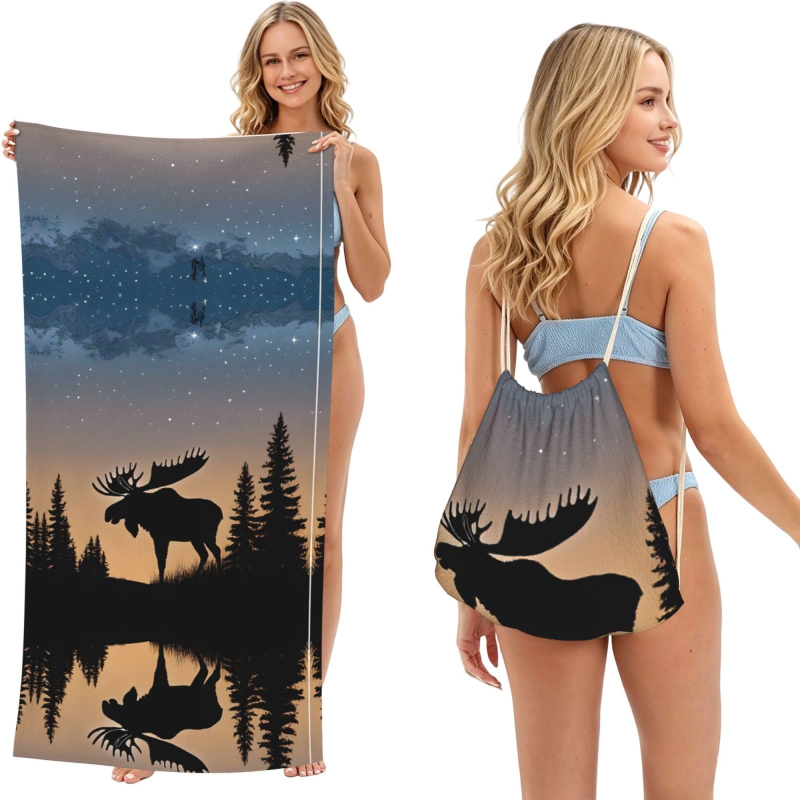 EZDLOWVBA Moose Mountain Pine Tree Wilderness Print Beach Towel Backpack 2 In 1 Summer Large Lightweight Beach Towel - Multifunctional Ship Pattern Towel Bag For Storage,Sport