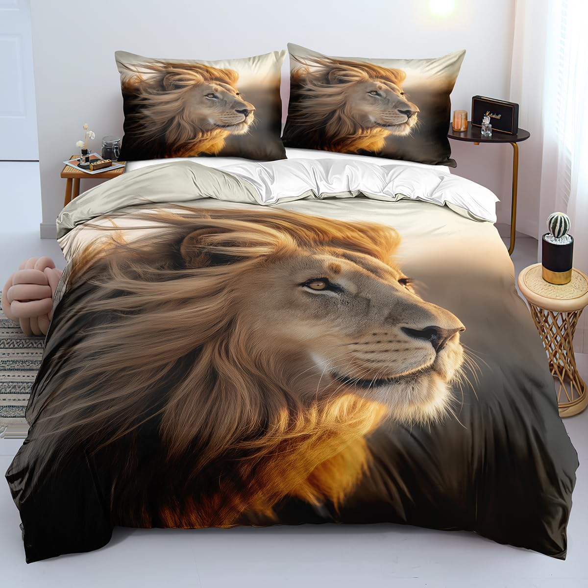 Parure de lit lion marron 200x200 cm aux finitions soignées pour chambre de jeune homme