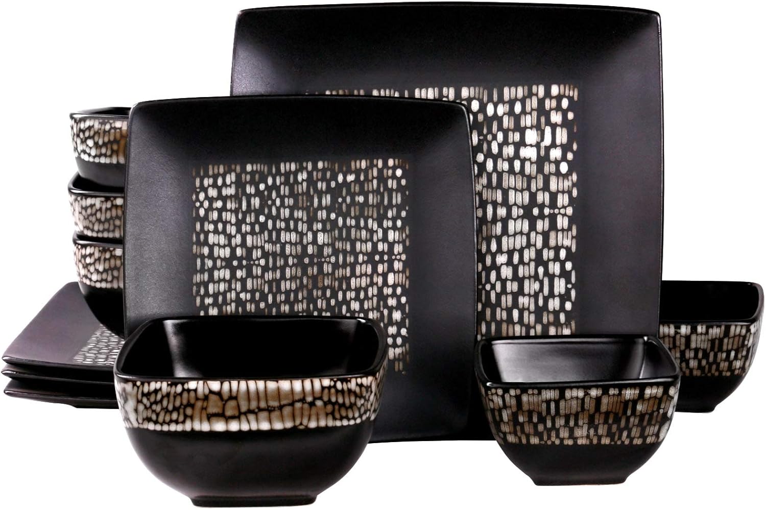 Unknown1 Geo 16 Piece Double Bowl Stoneware Dinnerware Set Brown Geometric Casual Square Microwave Safe, Medium