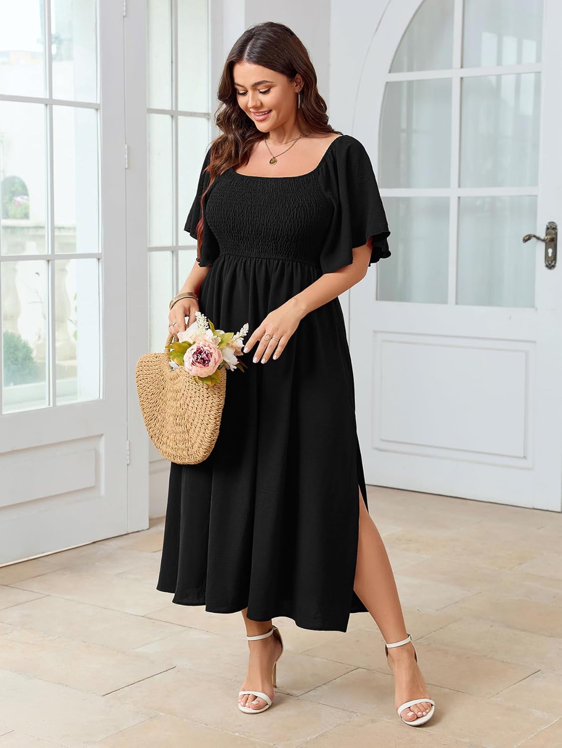 Women's Plus Size Dress Short Sleeve Square Neck Smocked Side Split Flowy A Line Long Maxi Dress - Image 6