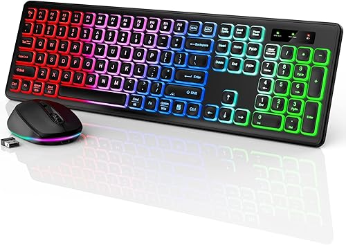 SABLUTE - Retroiluminación inalámbrica para teclado y mouse, teclas iluminadas silenciosas, patas de inclinación, batería recargable - Combo