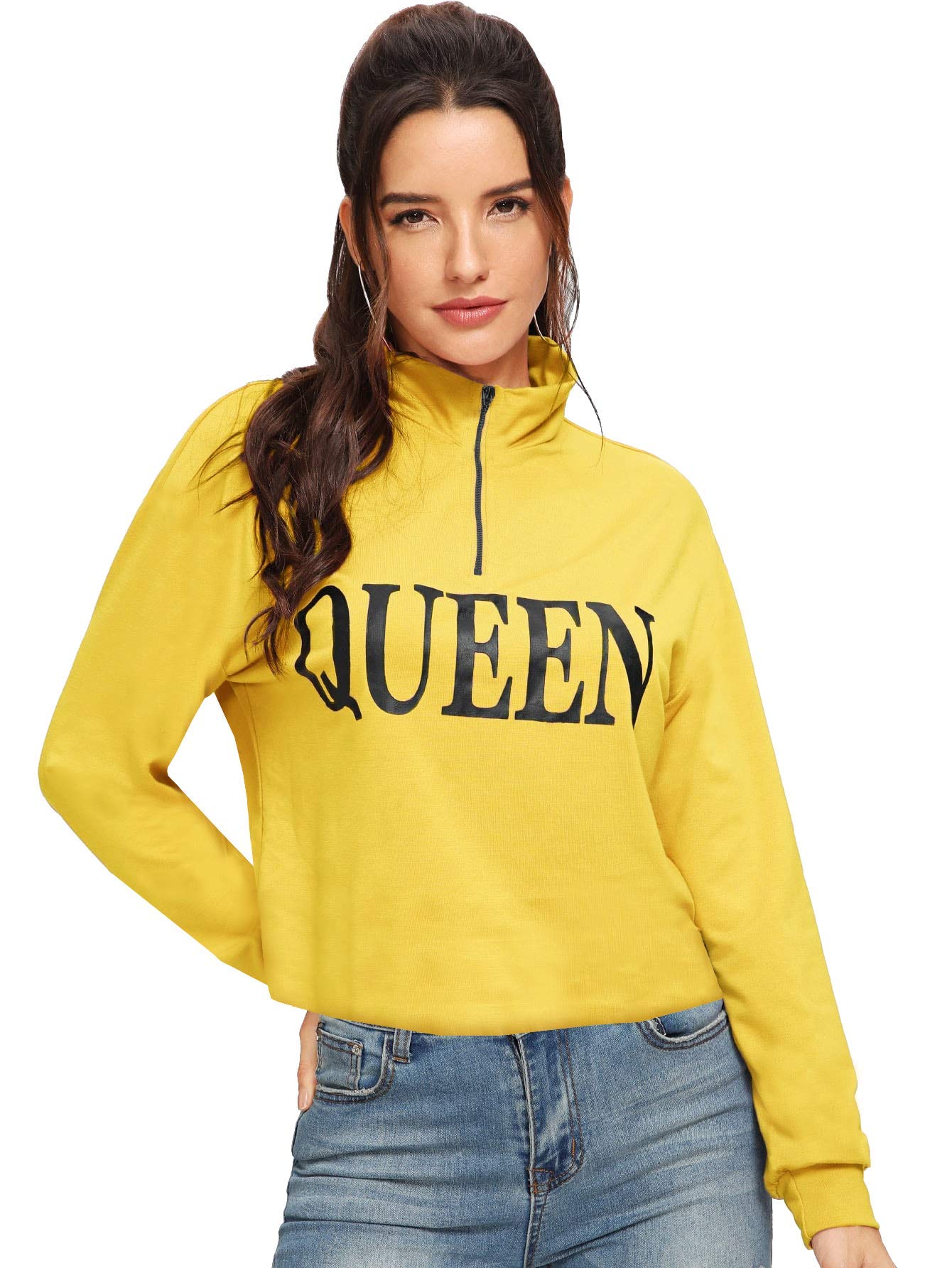 Plain Yellow Stylish Queen Printed Sweatshirt for Women (Yellow)-image-2