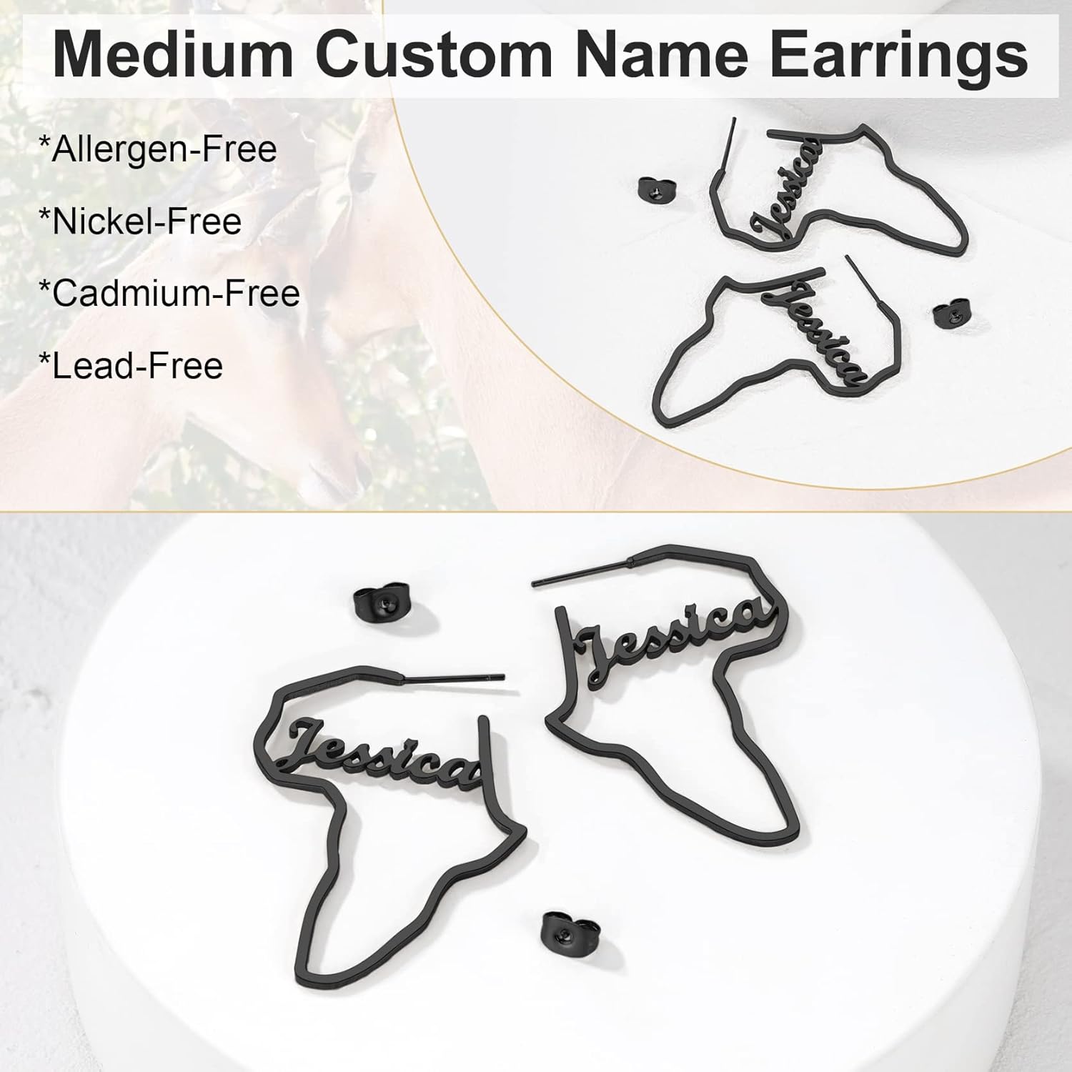 GoldChic Jewelry African Earrings for Women, Gold Africa Map Earring with Custom Name, Platinum/Black Minimalist Ethnic Style Dangle Drop Statement Ear Jewelry with Gift Box