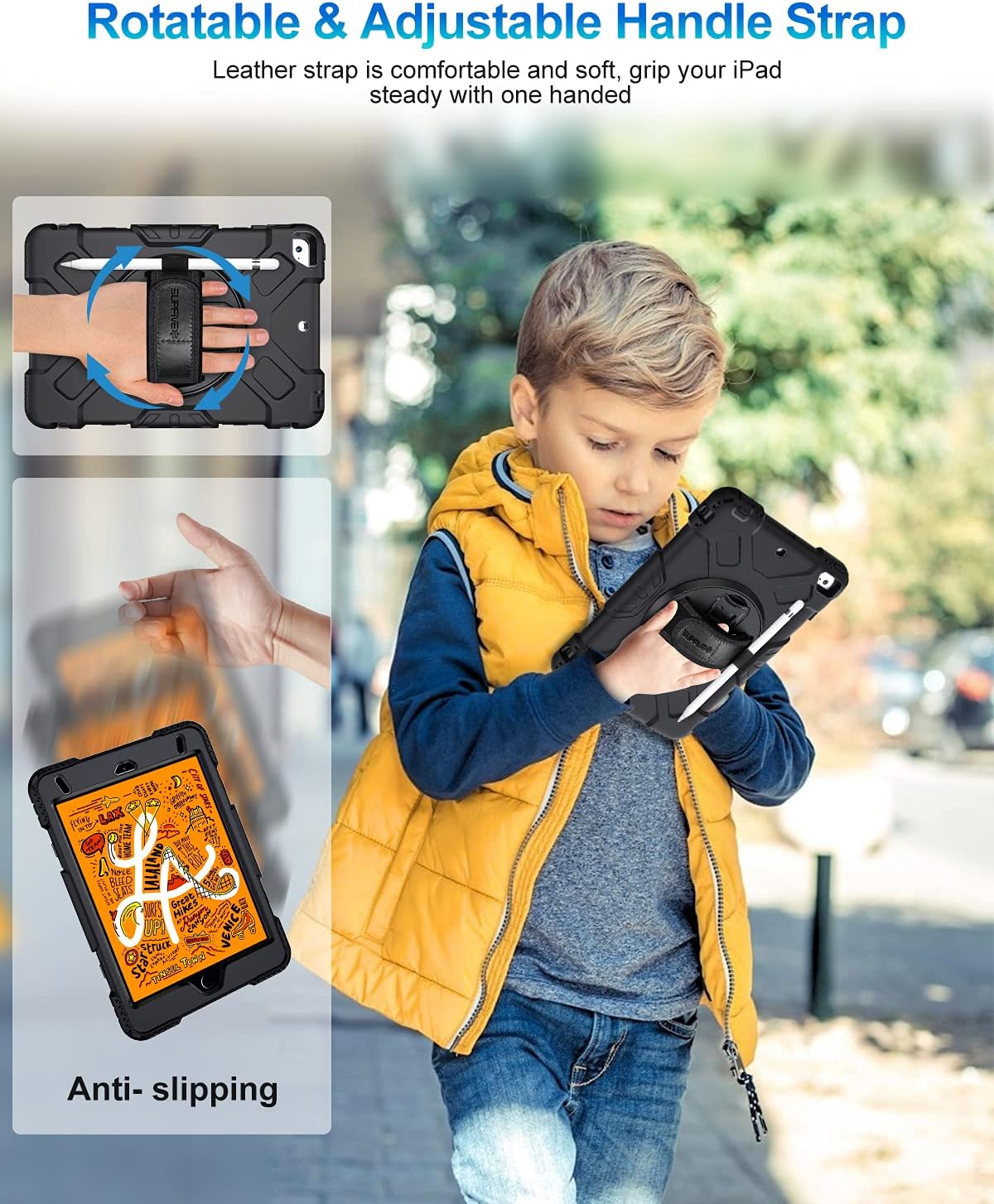 SUPFIVES iPad Mini 5 Case with Strap, iPad Mini 4 Case for Kids Military Grade Protective Rugged Case with Shoulder Strap + Kickstand + Pencil Holder for iPad Mini 5th/ 4th Generation 7.9 inch- Black
