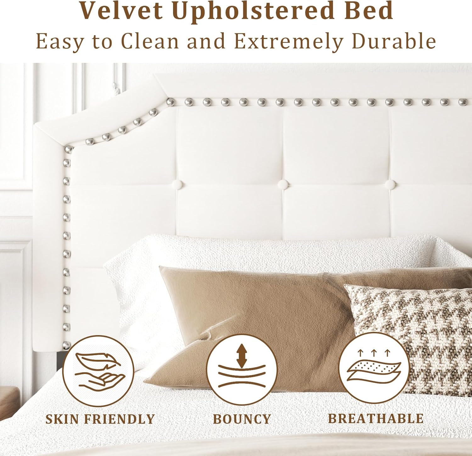 King Size Bed Frame, King Size Platform Bed Frame with Upholstered Button Tufted Headboard, Strong Wood Slats, No Box Spring Needed, Mattress Foundation, Easy Assembly Beige - Image 4