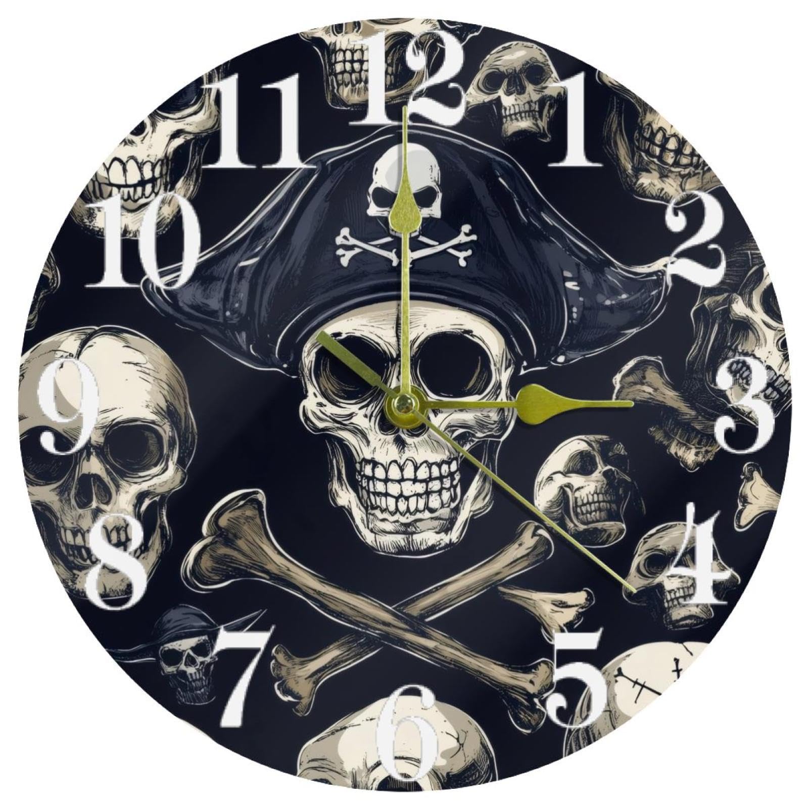 Horloge murale ronde à quartz silencieuse sans tic-tac motif crâne pirate