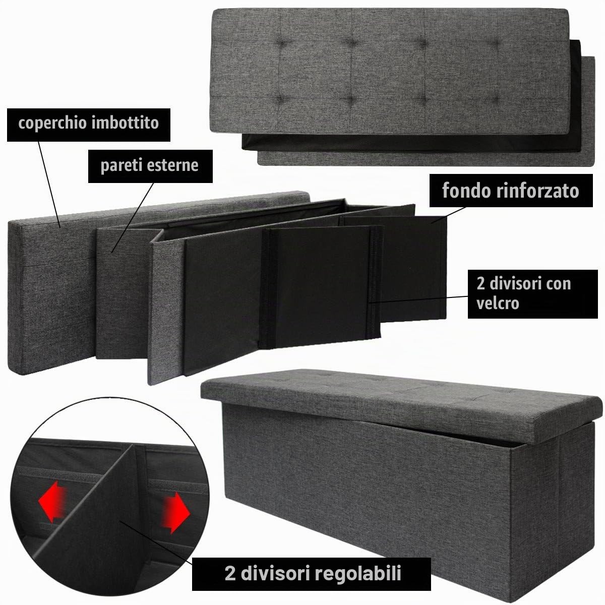 DuneDesign Contenitore - 110x38x38 cm - Con 2 divisori mobili - Panca poggiapiedi - Seduta pieghevole stabile e robusta - Peso massimo 250 kg - Installazione rapida Soggiorno Camera da letto Ingresso
