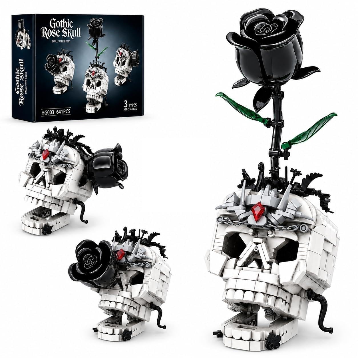 JYLWSMHU 3 in 1 Gothic Skull with Black Rose Building Block Set 698 Pcs Botanical Model Kit for Adults & Teens Dark Aesthetic Skeleton Construction Toy Home Office Desk Decor Display Art Gift