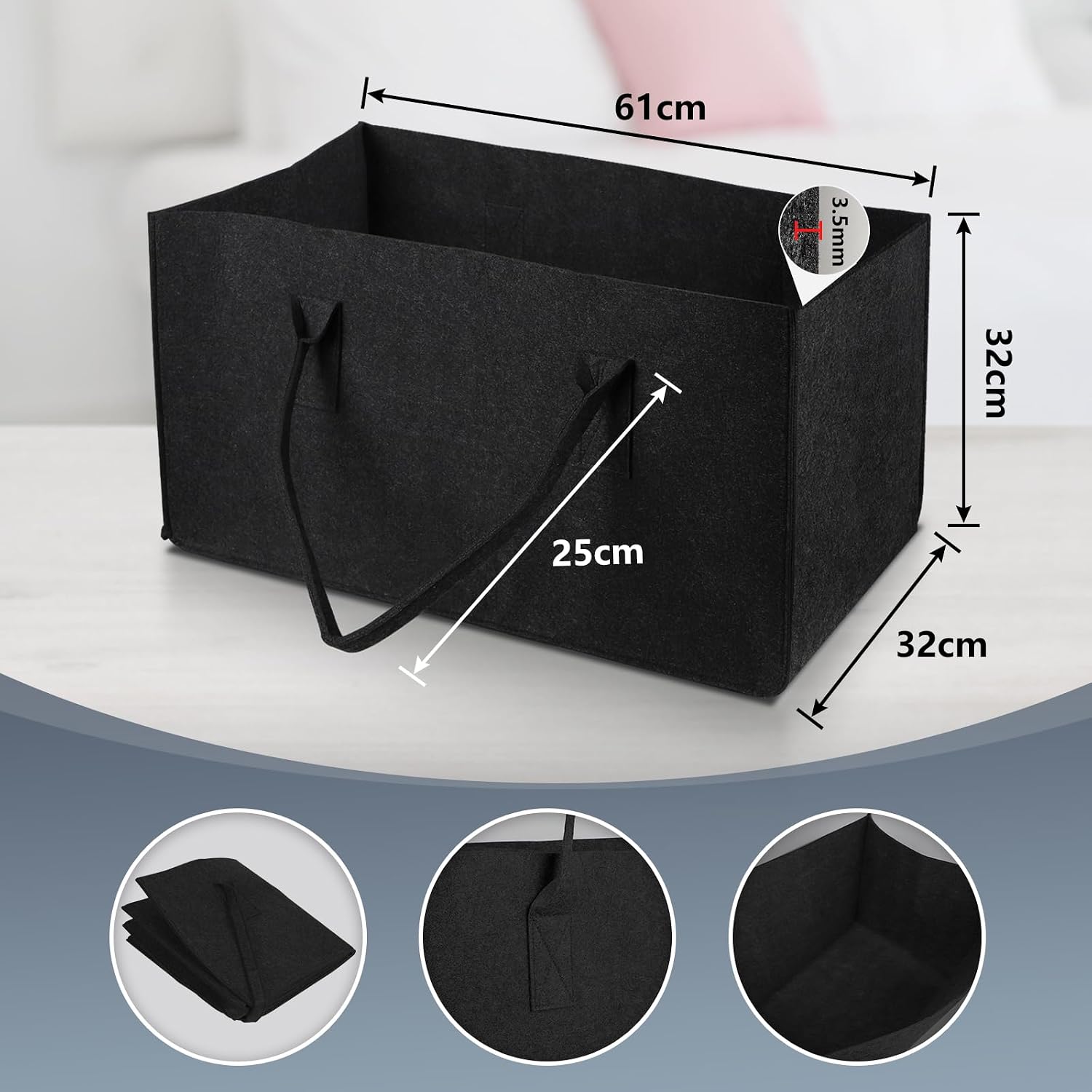 Pack of 2 Felt Bags XXL, 61 x 32 x 32 cm, 60 L Felt Shopper Large with Handle, Felt Bag, Foldable, Felt Basket, Firewood for Clothes, Toys, Vegetables and Fruits, Black image 2