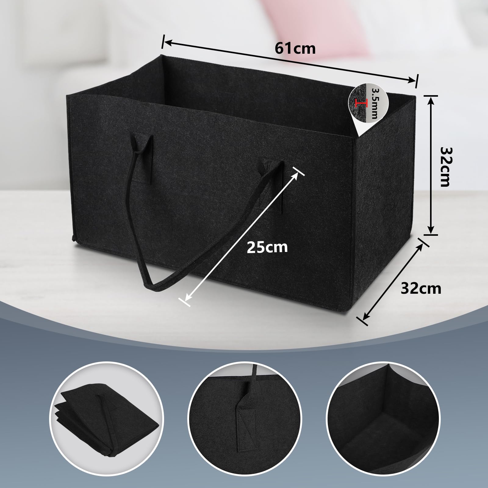 efuturetime Torba filcowa, 61 x 32 x 32 cm, 60 l kosze na drewno kominkowe z uchwytami, duży składany filcowy kosz na zakupy, wielofunkcyjny kosz na drewno, ubrania, zabawki, książki, czarny