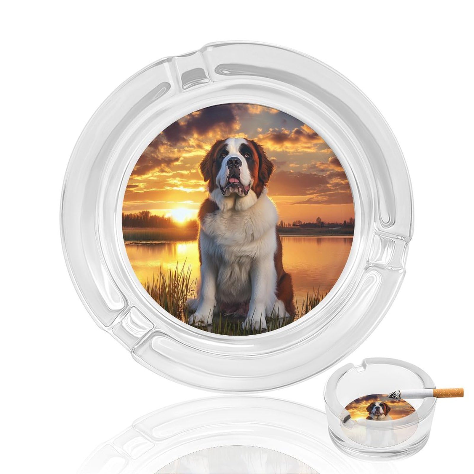 Saint Bernard Dog Sunset Ashtray Portable Round Glass Outdoor Ash Tray for Home Office Garden Pub