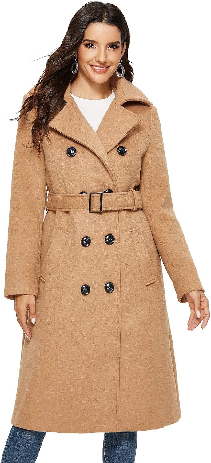 Escalier Womens Wool Coat Double Breasted Pea Coat Winter Long Trench Coat with Belt - Image 2