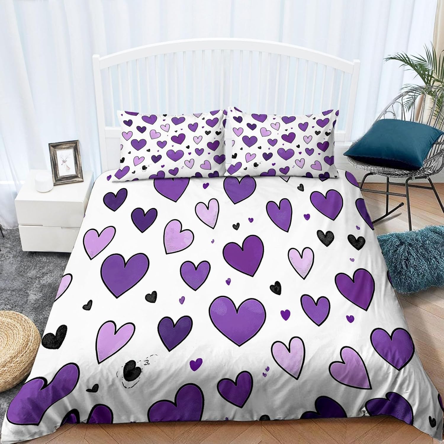 Funda Nordica Cama 90 Corazón Microfibra 3D Funda Edredon 150x220 cm Morado Ligero Transpirable Ropa de Cama con Cremallera y 2 Fundas de Almohada b-9255
