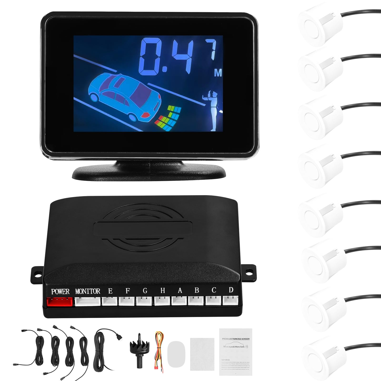 Auto-Parksensor, Rückfahrradarsystem vorne und hinten, unterstützt akustische Warnung/Summer/Stummschaltung mit 8 Parksensoren, Abstandserkennung, LCD-Abstandsanzeige, Lautstärke einstellbar