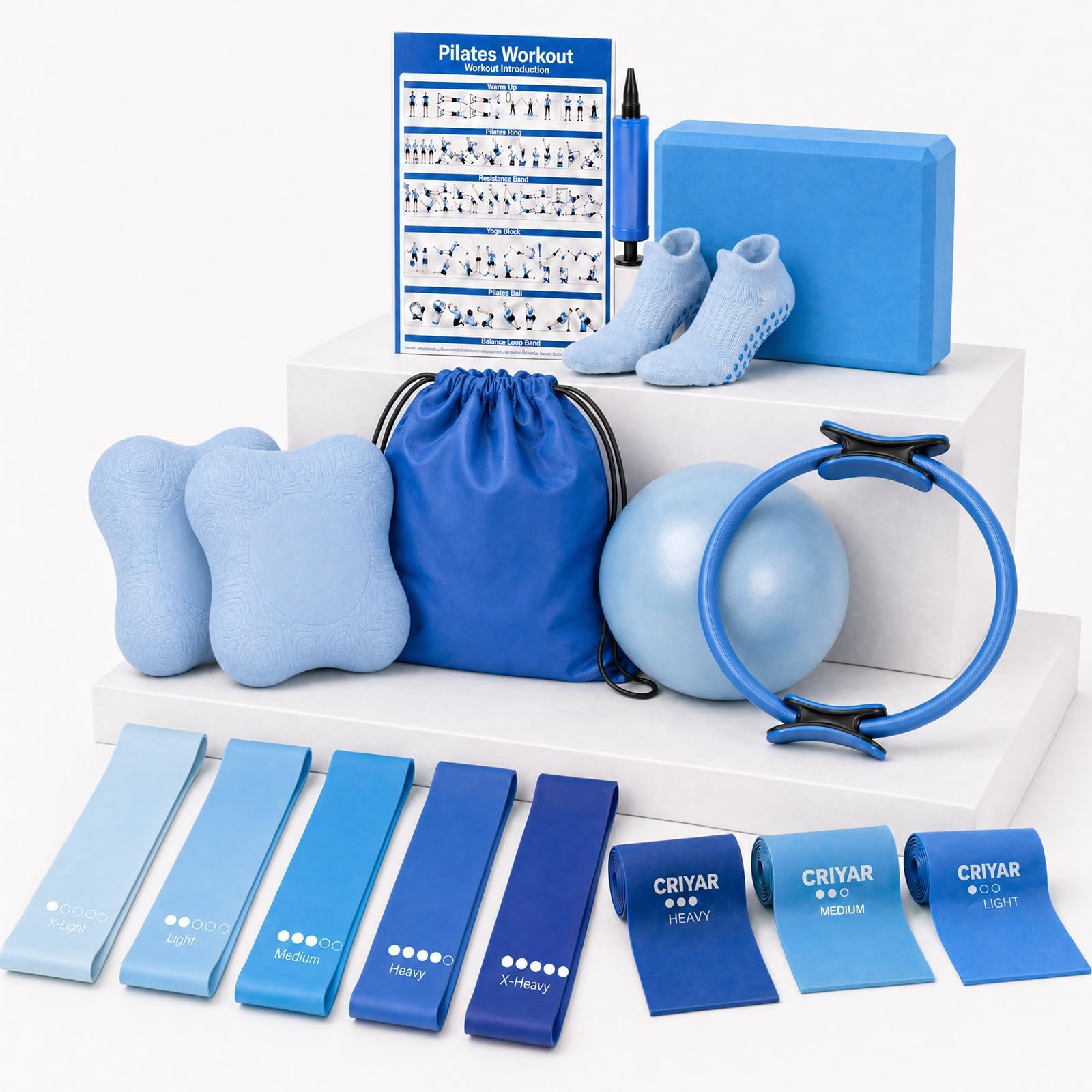 Kit per pilates, attrezzatura per pilates da donna, kit di allenamento con anello e palla da 36,8 cm, blocco yoga, ginocchiere da yoga, fasce di resistenza, accessori per calze antiscivolo, blu