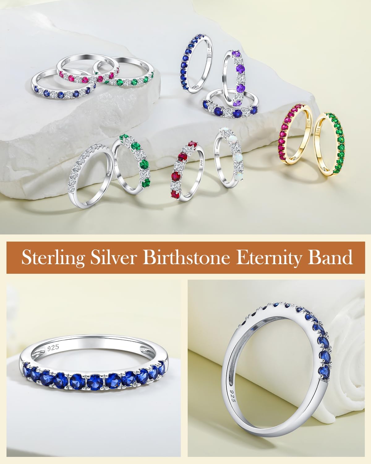 AIBAO Amethyst/Emerald/Ruby/Sapphire/Cubic Zirconia Half Eternity Band Rings for Women Sterling Silver Birthstone Stackable Rings Size 6 to 10 Anniversary Birthday Christmas Jewelry Gift