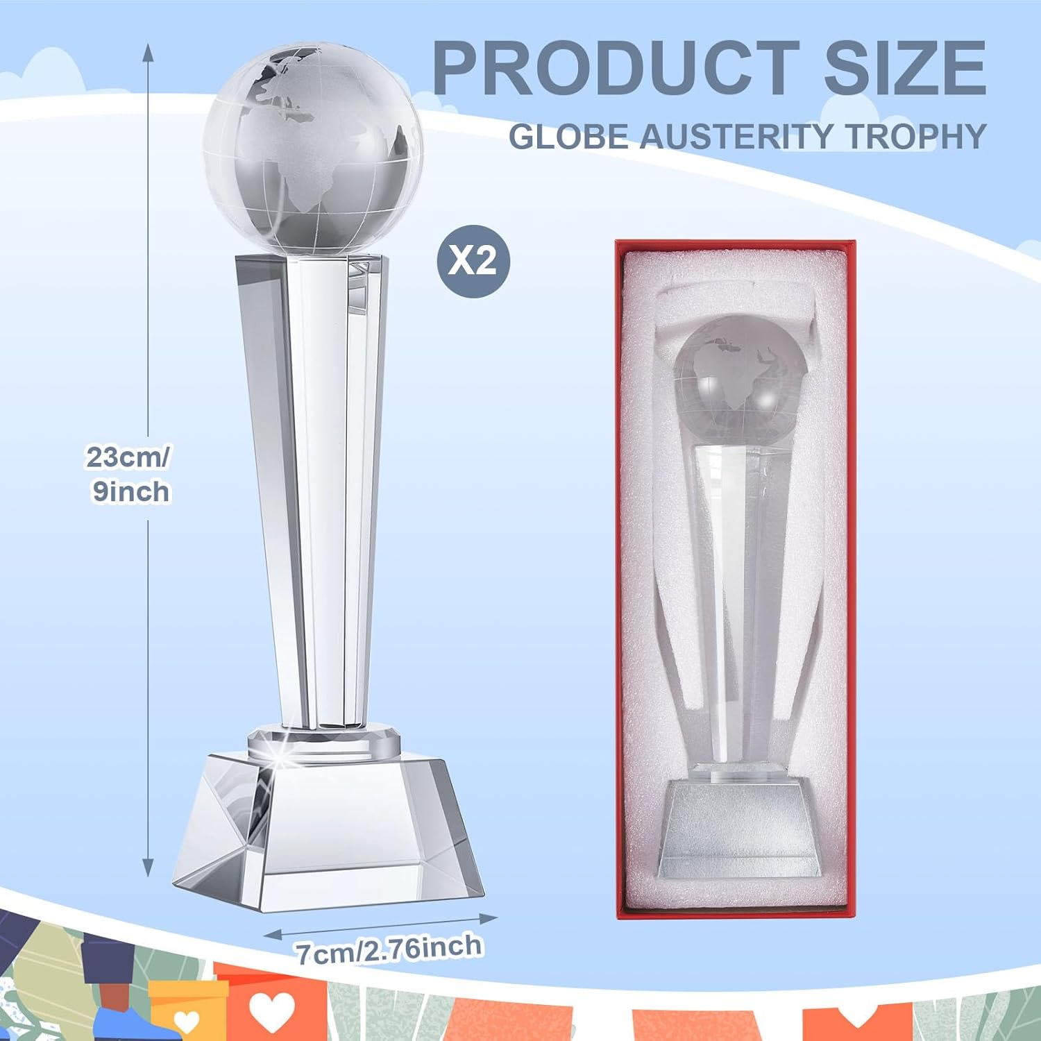 Meooeck 2 Pcs 9x2.8'' Crystal Glass Trophy with Gift Box Large Trophy Award Glass Paperweight Tournament Table Desktop Decor