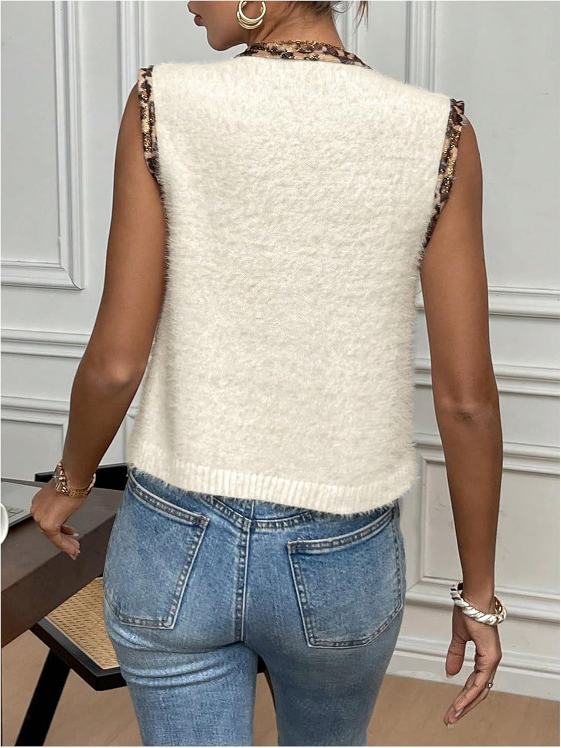 SHENHE Women's Bow Tie Front Sweater Vest Leopard Print Sleeveless Soft Knit Cardigan Vest - Image 2