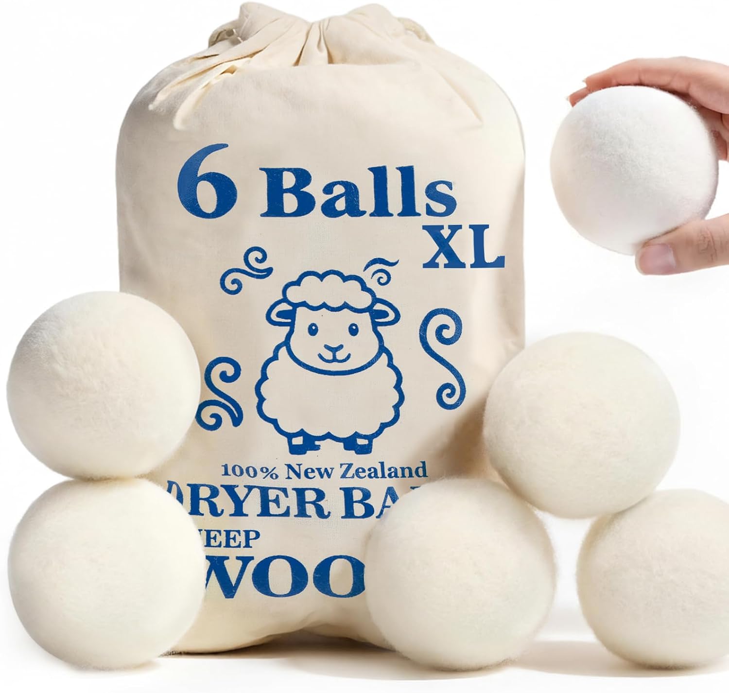 Wool Dryer Balls, New Zealand Dryer Balls Laundry Reusable Reduce Static Cling, Dryer Ball to Reduce Wrinkles & Shorten Drying Time, Drying Balls Fabric Softener Ball for Laundry（Pack of 6)