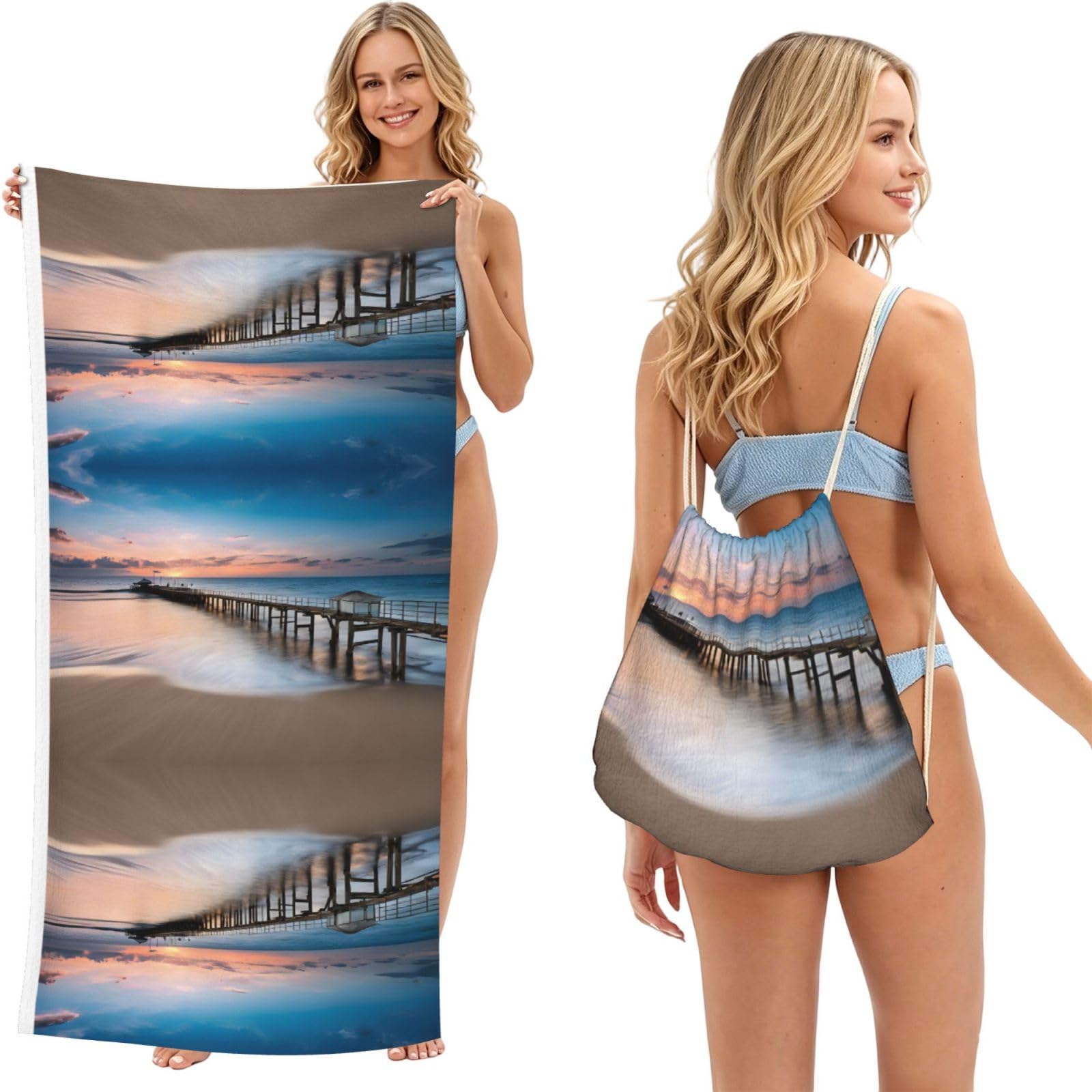 EZDLOWVBA Sunset Beach And Bridge Print Beach Towel Backpack 2 In 1 Summer Large Lightweight Beach Towel - Multifunctional Ship Pattern Towel Bag For Storage,Sport