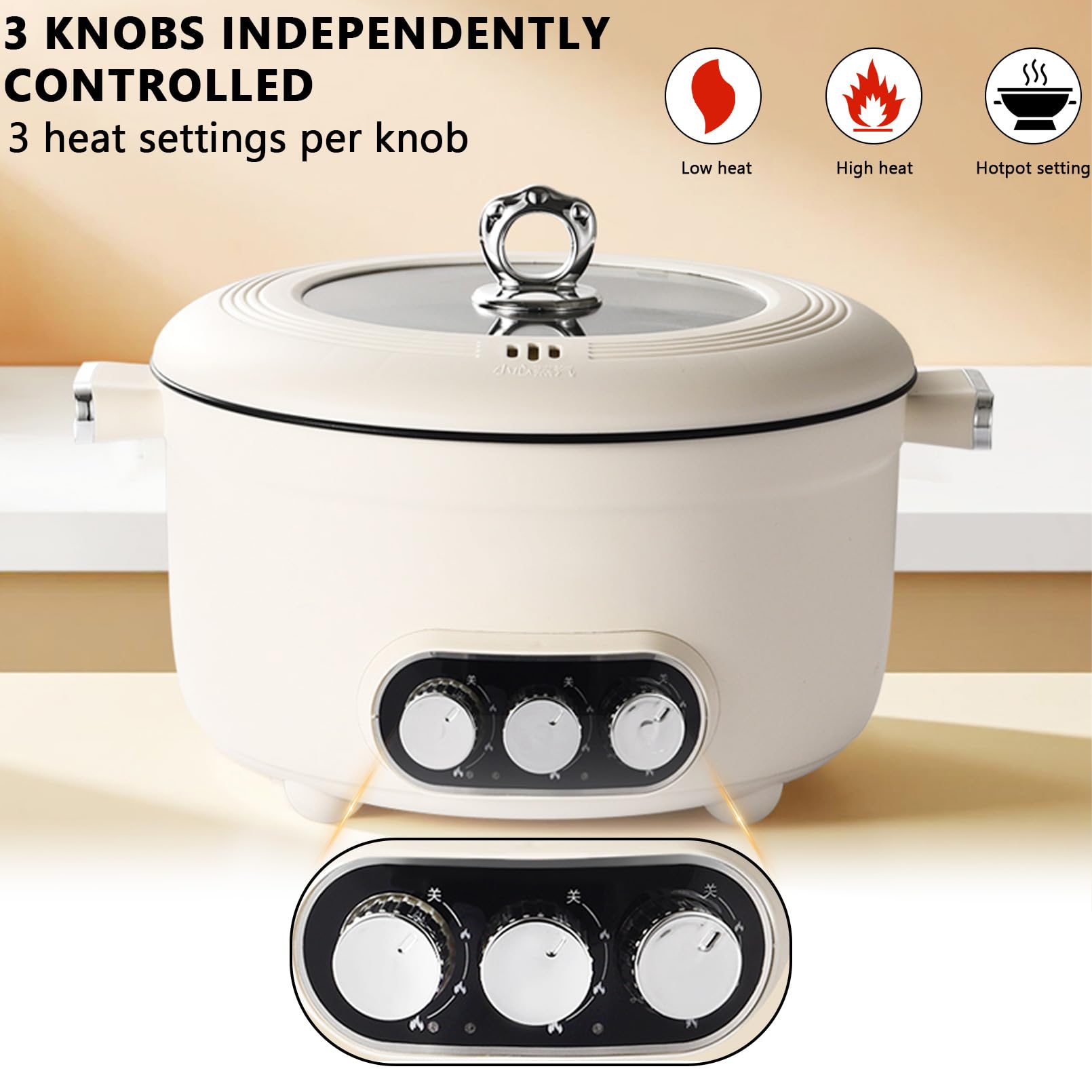 Hotpot Casserole électrique 5,3 l avec chauffage rapide et trois boutons rotatifs, 1600 W avec revêtement antiadhésif, 3 niveaux de réglage de la température, pour steak, fondue, légumes
