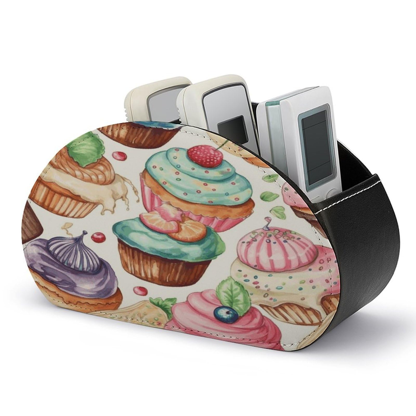 LZQPOEAS Cupcakes Donuts Muffins Sugar Remote Control Holder with 5 Compartments PU Leather Remote Organizer Box Caddy for Table Nightstand Remote Caddy Desktop Organizer Fits Media Controllers