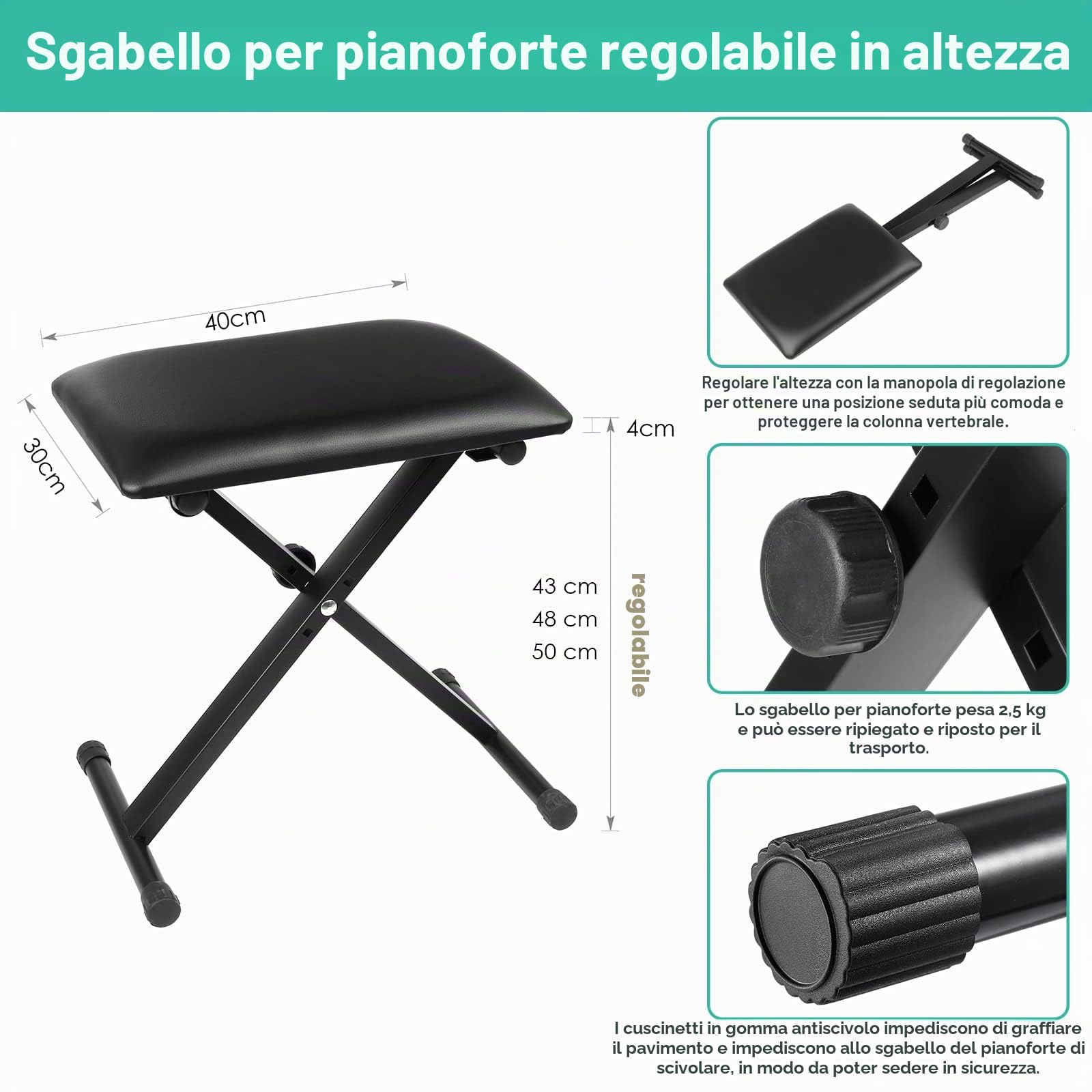 MAMIZO Supporto per tastiera con sgabello, regolabile in altezza, tastiera e sgabello per tastiera, doppio X-Frame Keyboard Stand Set di sgabelli per tastiera pieghevole, per pianoforte, nero