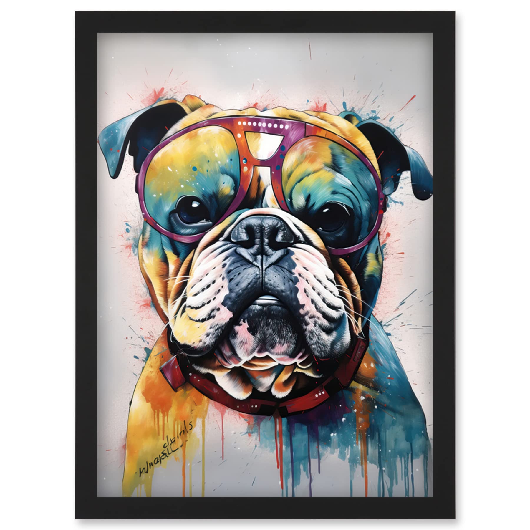 English Bulldog Dog Wearing Vintage Sunglasses Framed Wall Art Picture Print A4