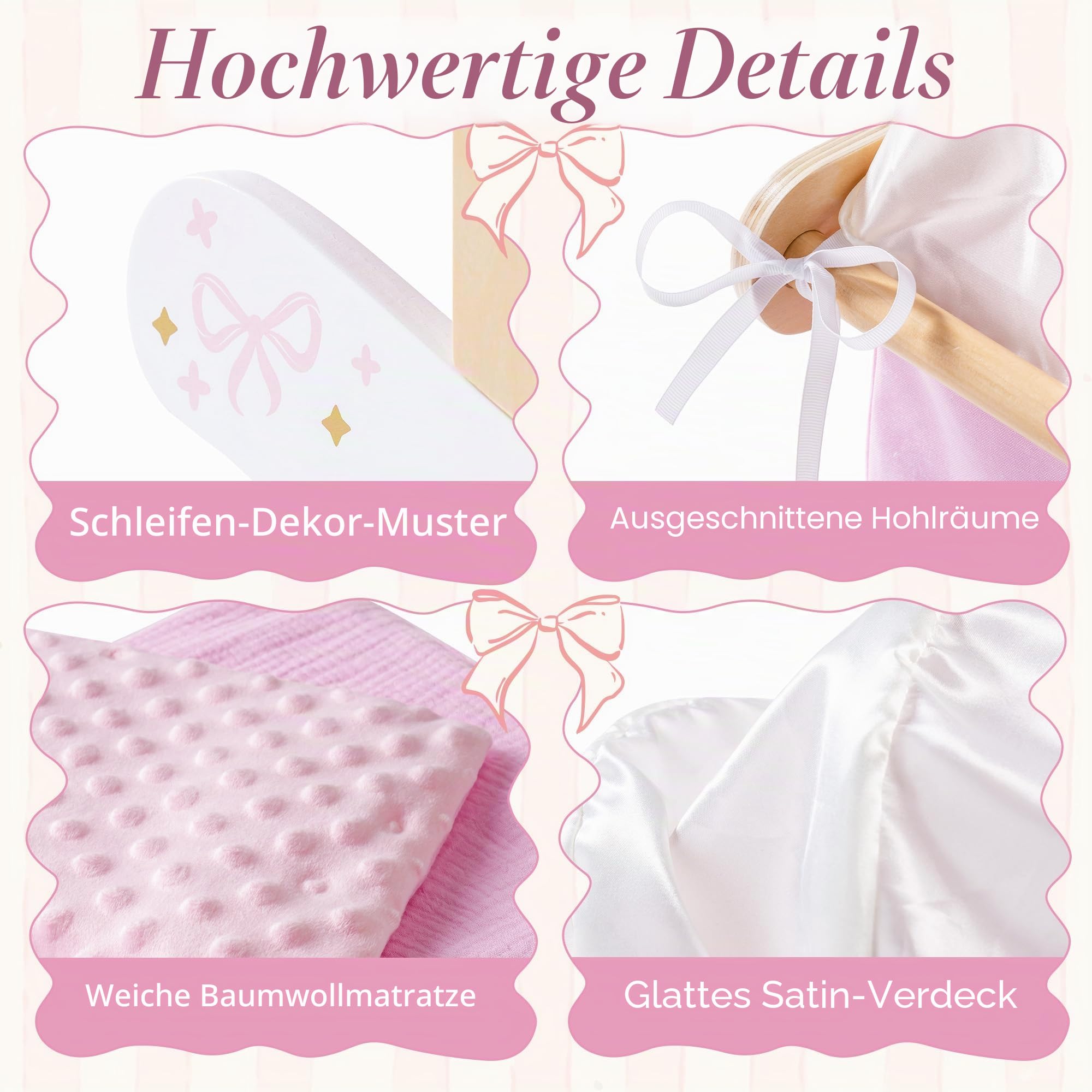 ROBUD Puppenwiege mit Baldachin für 45 cm Puppen, Puppenbett Holz mit Schaukelfunktion, Matratze und Kissen, Puppenmöbel für Mädchen ab 3 Jahren, Rosa