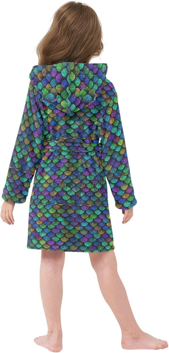 Funny Mermaid Scales Bathrobe Hooded PJ Robe Plush Fleece Robe Pajama Sleepwear 2-12 Years