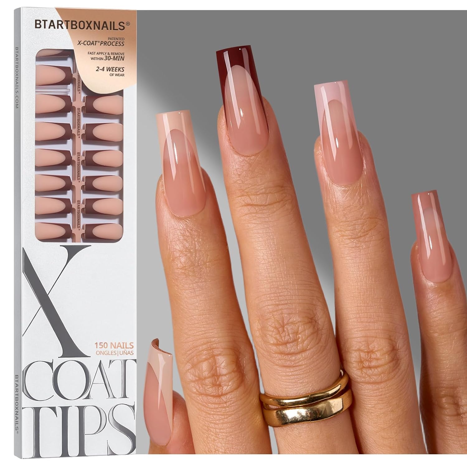 BTArtboxnails XCOATTIPS SkinTone French Tip Press On Nails, L Square, Peach