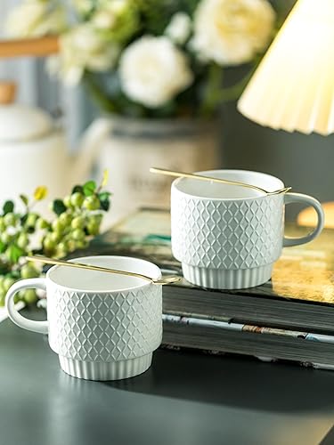 Miniatura 6 de LYEOBOH Tazas de café apilables con estante, juego de 4 tazas de café de cerámica de 13 onzas con soporte, taza de café con cuchara, tazas de