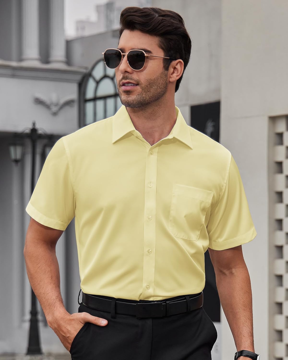 Alimens & Gentle Mens Short Sleeve Dress Shirts Wrinkle Free Solid Casual Button Down Shirts with Pocket - Image 2