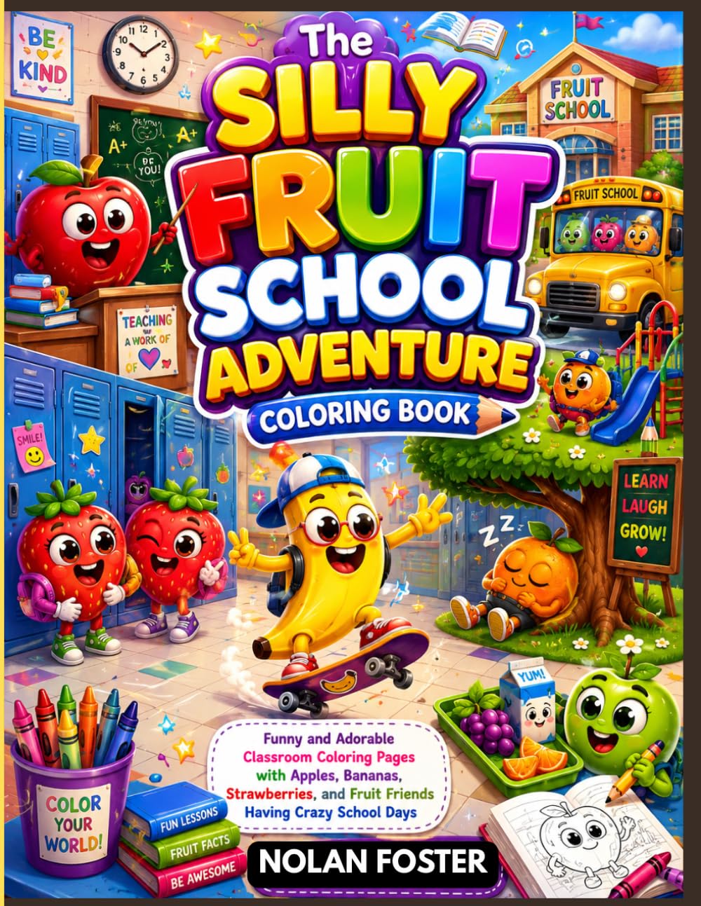 The Silly Fruit School Adventure Coloring Book: Funny and Adorable Classroom Coloring Pages with Apples, Bananas, Strawberries, and Fruit Friends Having Crazy School Days