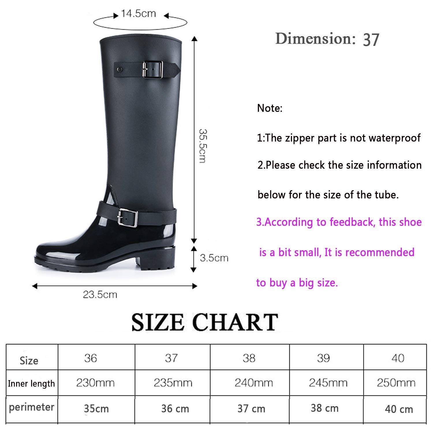 AONEGOLD Botas de Agua Mujer Lluvia Altas Zapato Impermeables Ajustable Cremallera y Hebilla Goma Botas Wellington