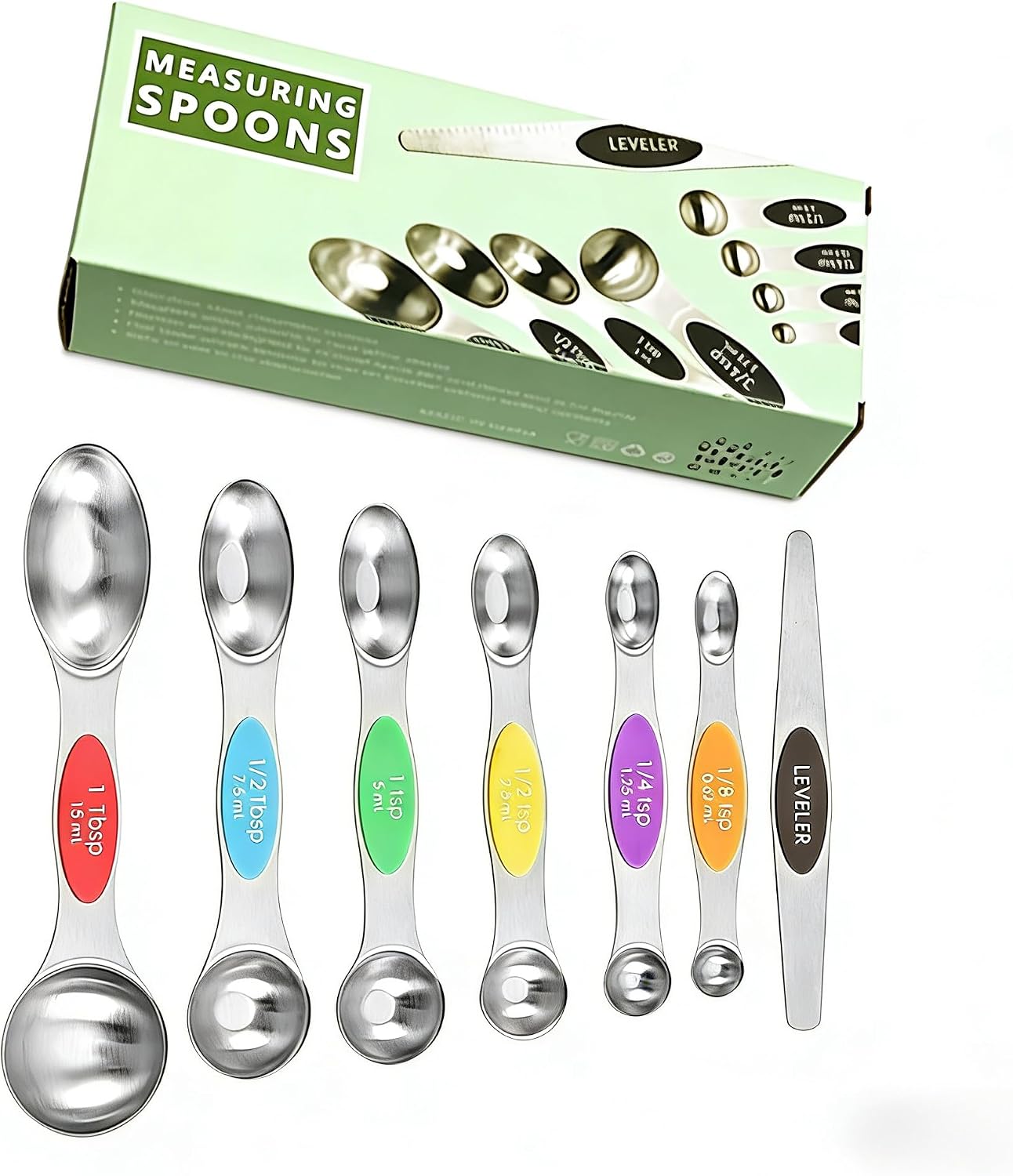 Pack of 7 Stainless Steel Magnetic Measuring Spoons Set, Dual Sided, Stackable, Adjustable Teaspoon and Tablespoon Measure Spoon with Leveler, Kitchen Gadgets