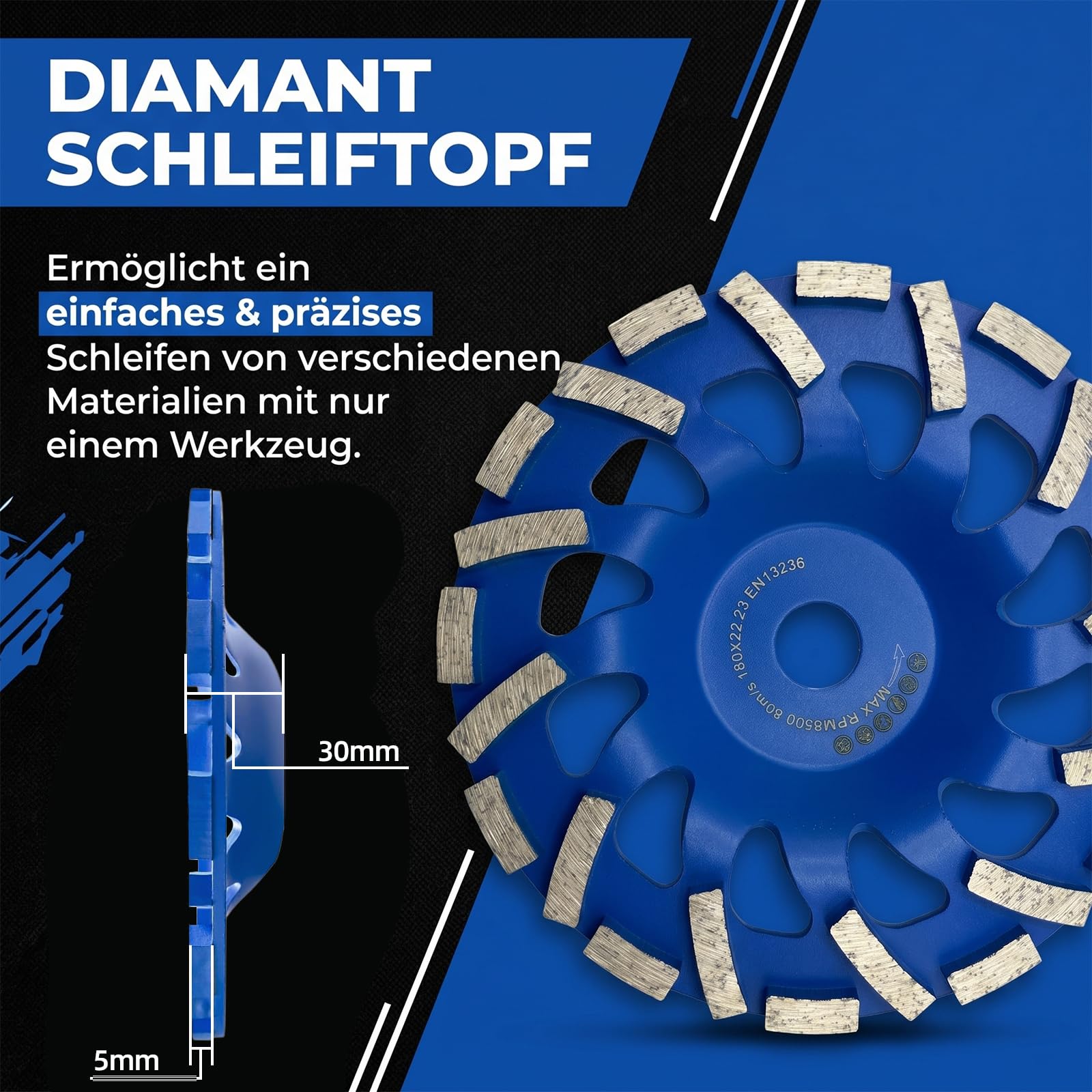 Diamant Schleiftopf 180mm × 22,23mm, Beton Schleifscheibe für Schleifarbeiten mit Beton und harten Baustoffen Granit Naturstein Estrich Putz Marmor (Blau, 180mm)