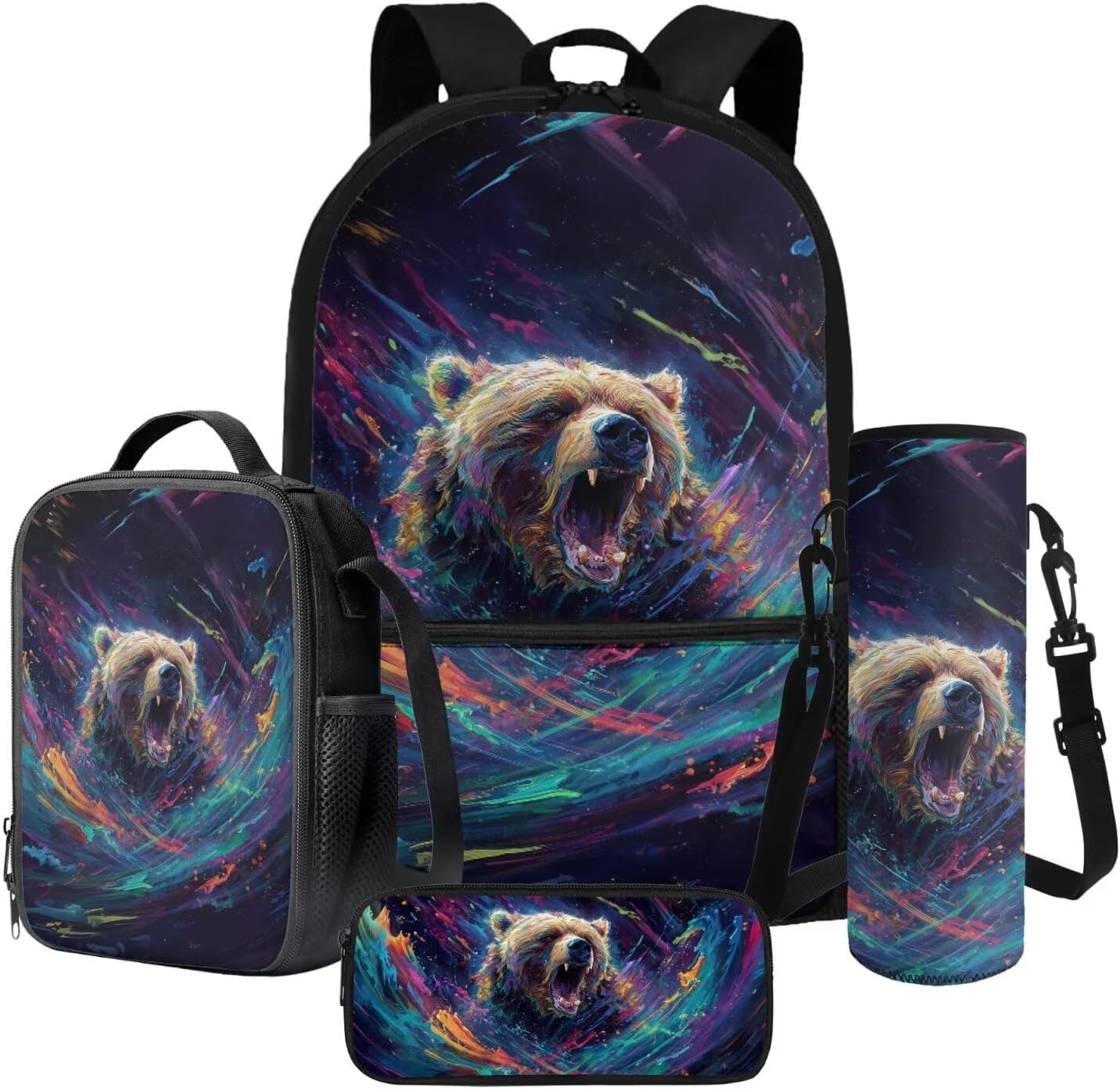 Paint Splatter Bear Print 4 Pack Backpack for Kids Girls Boys School Bag Set with Lunch Box Pencil Case Water Bottle Sleeve Preschool Primary Schoolbag Elementary Bookbag Satchel