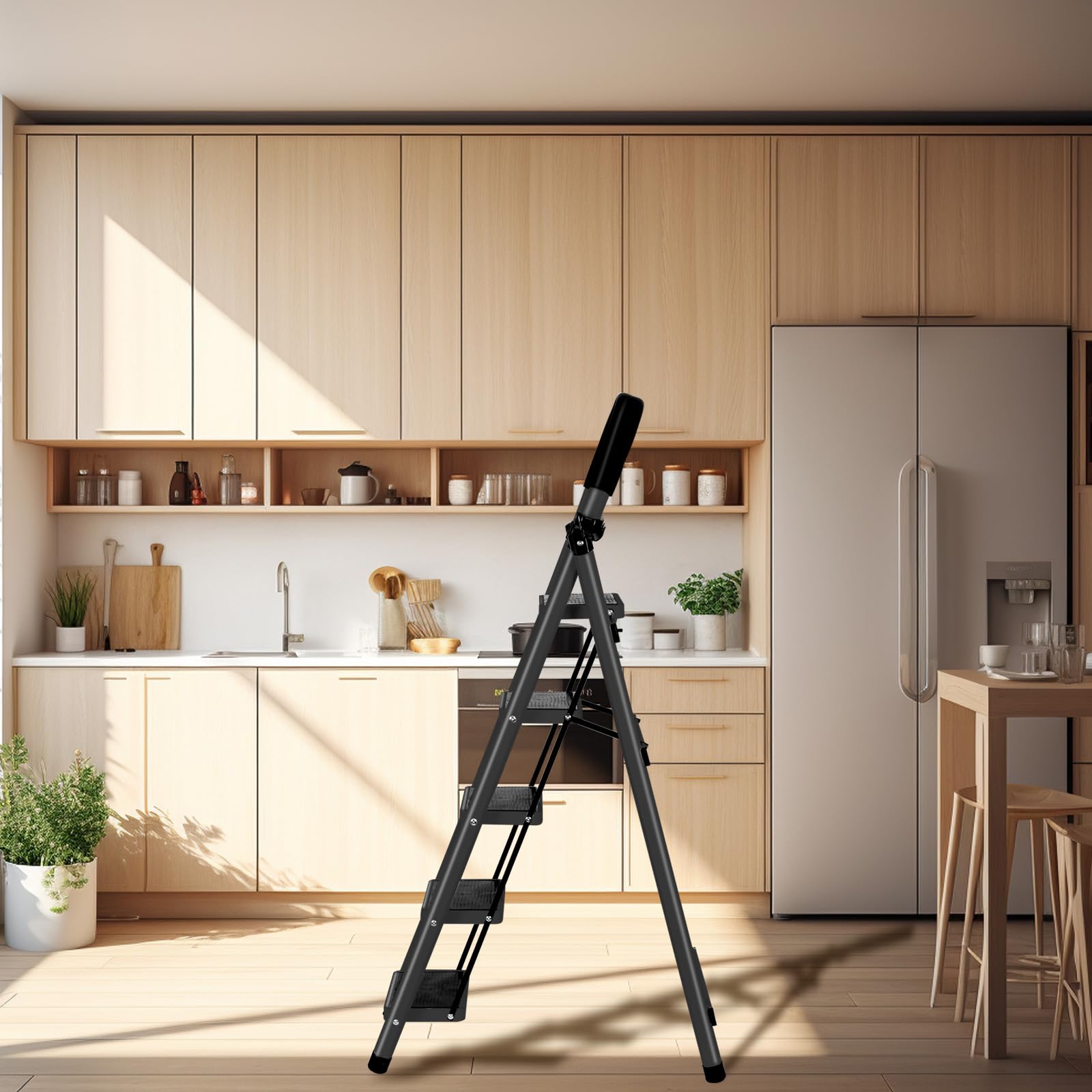 Escalera Plegable de 5 Peldaños, Estructura de Acero, Plataformas Antideslizantes y Pasamanos, Escalera de Tijera para Hogar Oficina y Tareas Domésticas (Negro, 5 peldaños)