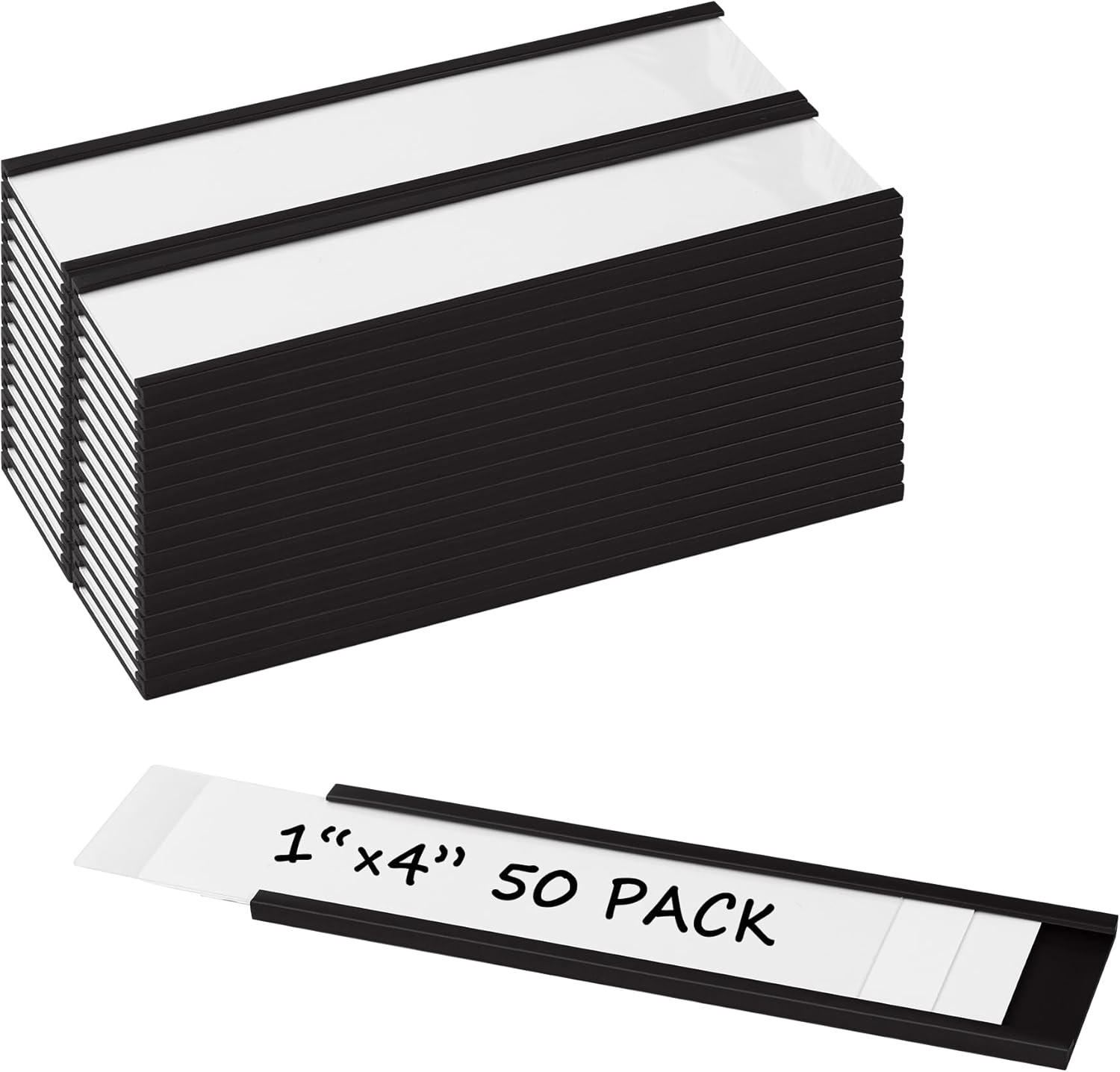 Realth C Channel Magnetic Label Holders 50 Pack 1'' x 4'' with Paper Inserts and Clear Plastic Protectors, Magnetic Data Card Holders File Cabinet Labels for Metal Racks and Shelves 1'' x 4'' 50 Pack