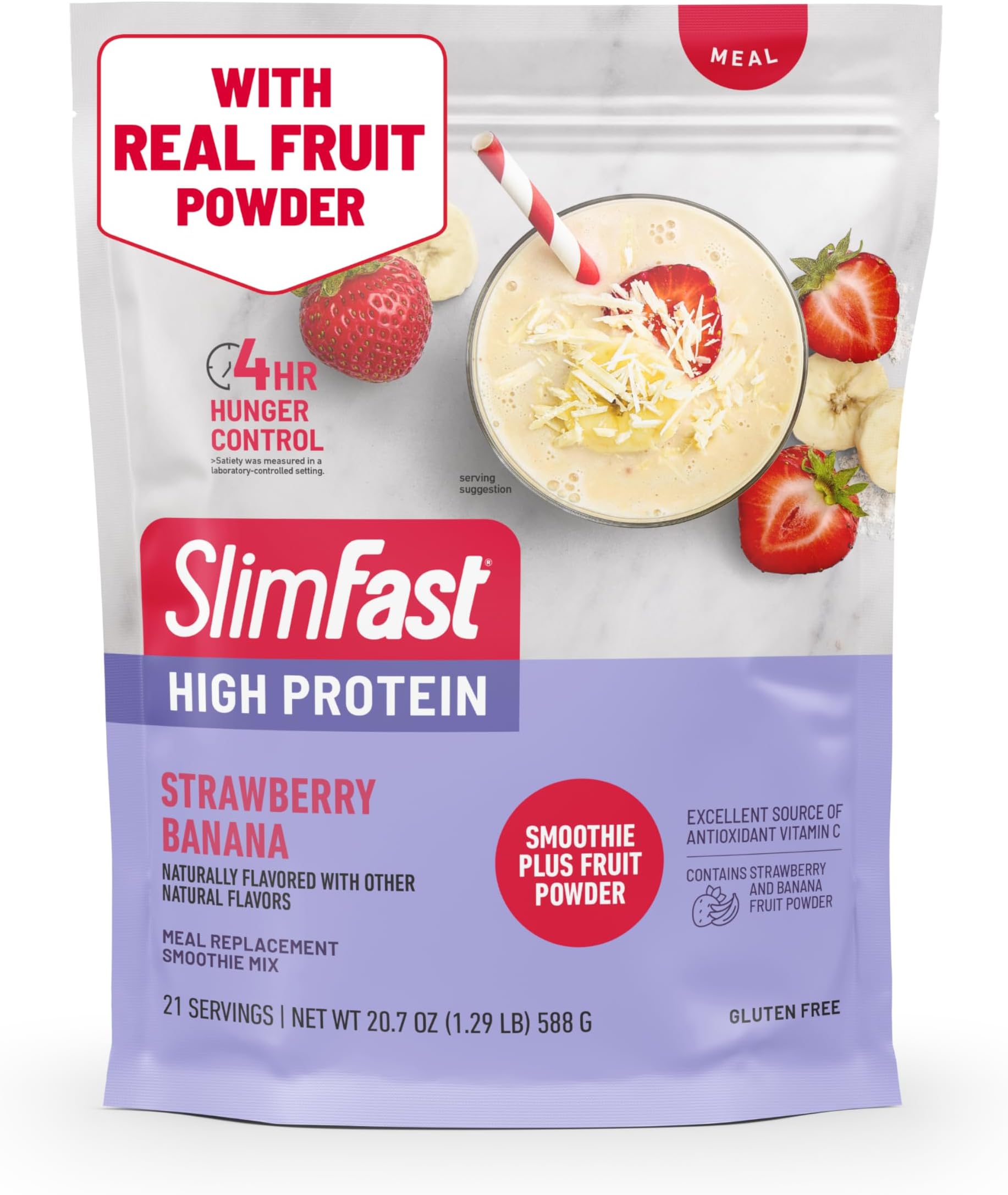 High Protein Smoothie Mix Plus Fruit Powder, High Protein Meal Replacement Powder, Fiber, Vitamin C, 21 Servings, 1.29 Pounds, Strawberry Banana (Packaging May Vary)