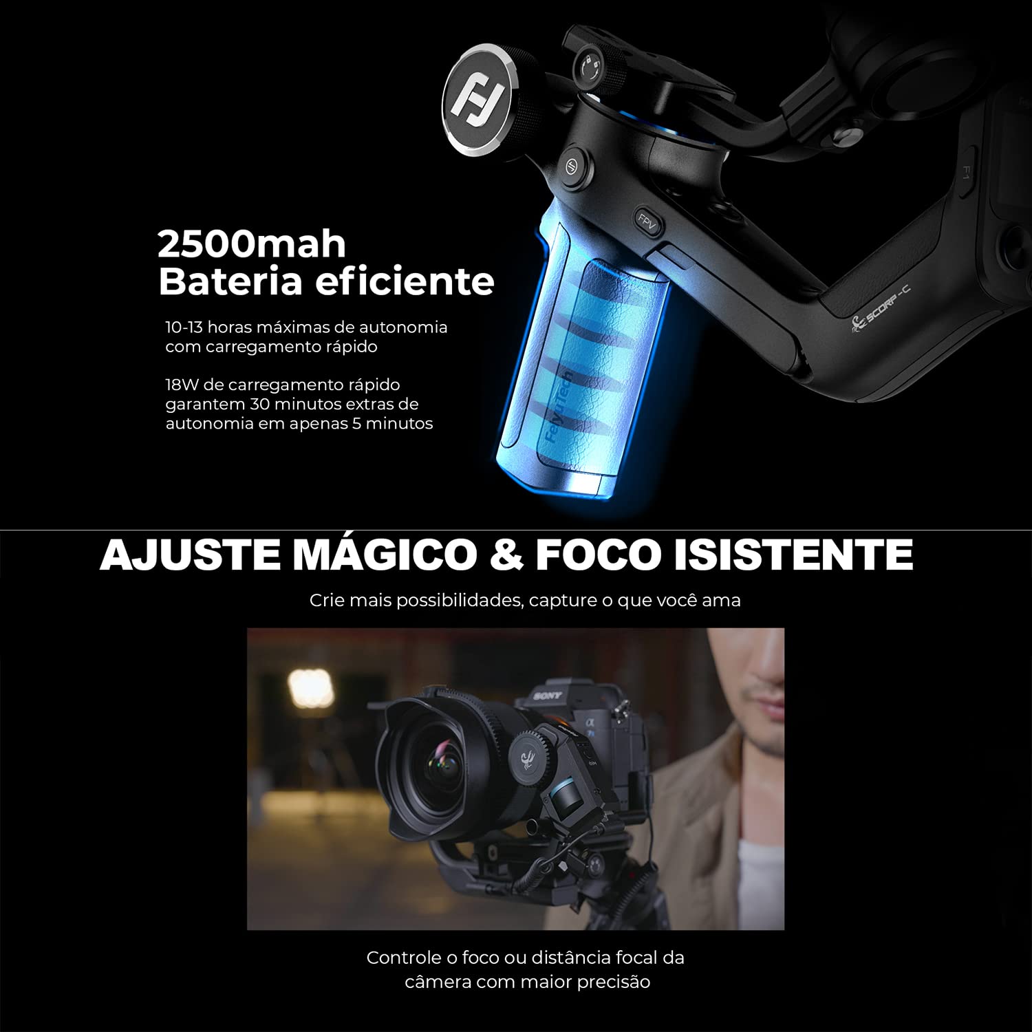 Estabilizador de câmera SCORP-C, cardan de mão com 3 eixos para câmeras  DSLR de até 2,5 kg, adequado para S-ony, P-anasonic L-umix, N-ikon, C-anon,  design leve, filmagem cinematográfica, preto | Amazon.com.br