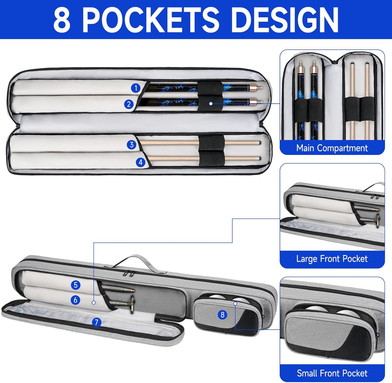 Pool Cue Case, Pool Stick Carrying Case Holds Butts and Shafts, Billiard Cue Bag with Shoulder Straps