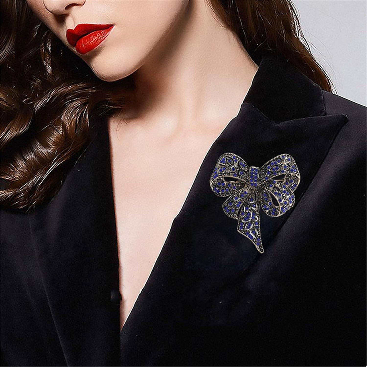 Dreuyet Vintage Rhinestone Bow Brooch Crystal Large Bowknot Lapel Pin Sparkly Ribbon Bow Knot Collar Clothing Accessory for Women Birthday Christmas Jewelry image 2
