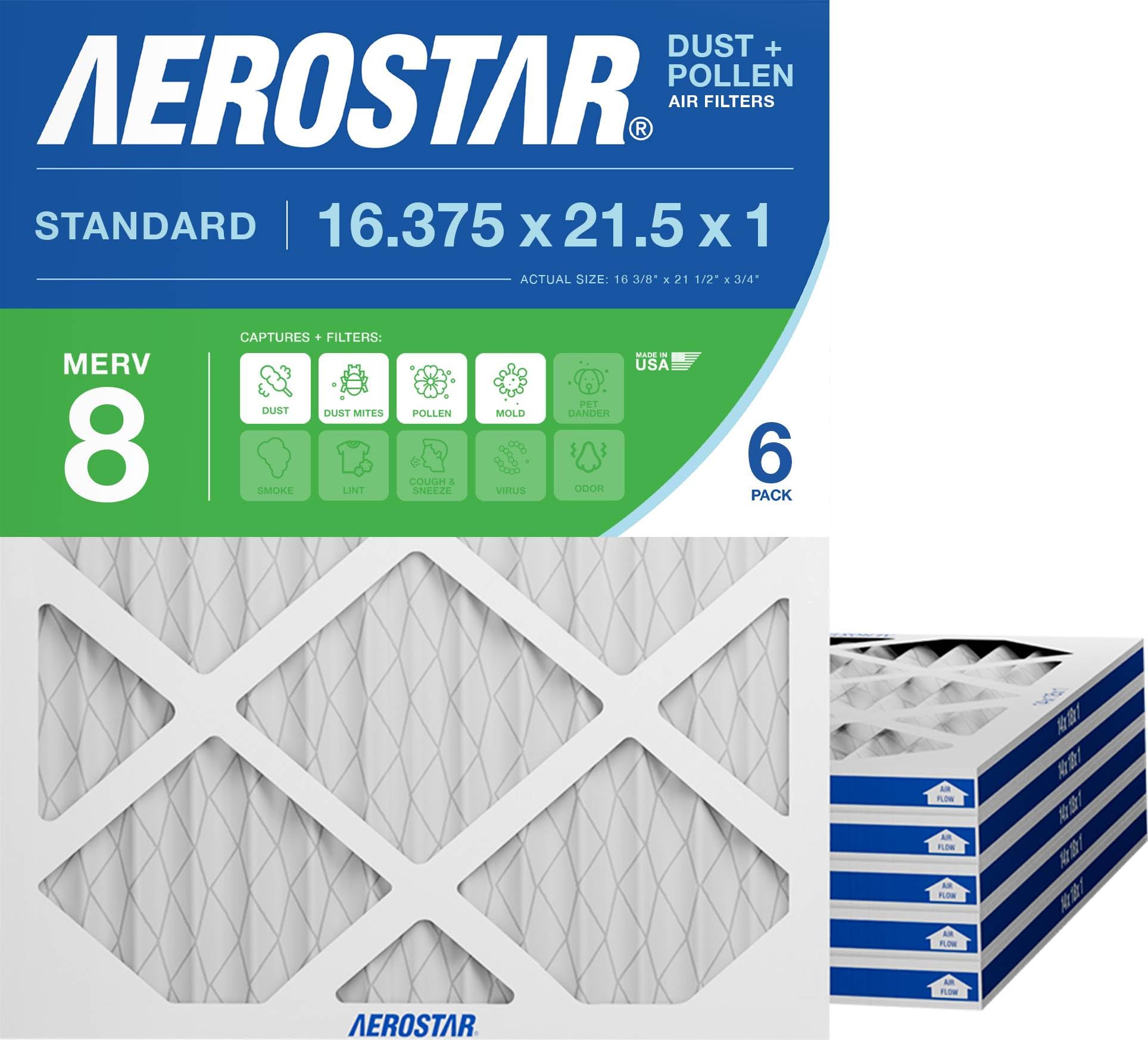 Aerostar 16.375x21.5x1 MERV 8 Air Filter, 6 Count, ACTUAL SIZE (16.50 x 21.50 x 0.75), HVAC, Air Conditioning & Furnace Filter Captures Dust, Lint & Pollen (MPR 600 / FPR 5), Made in USA
